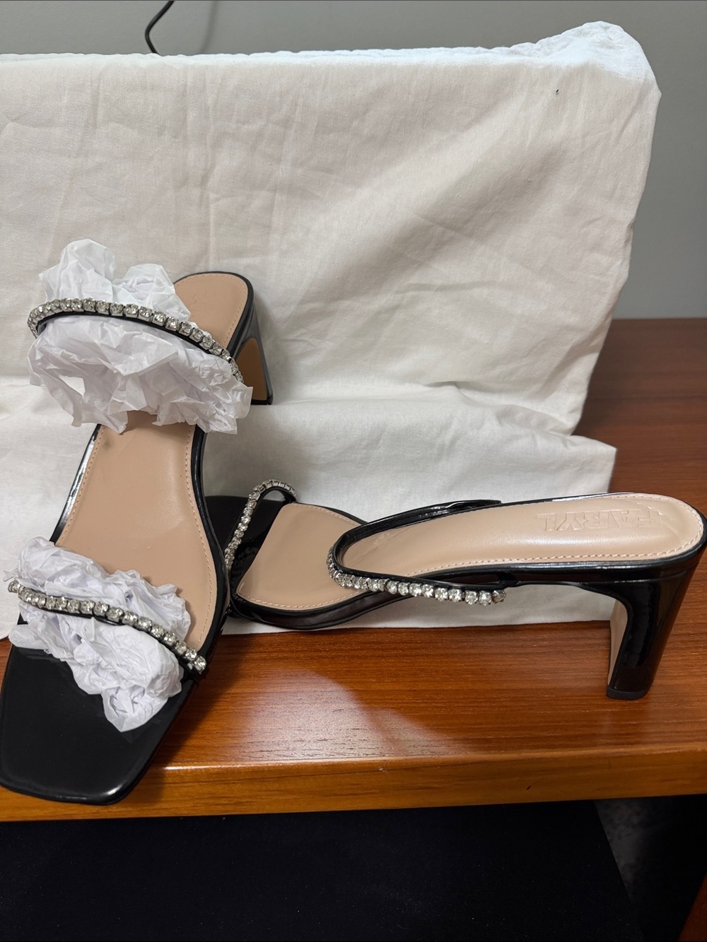 Farylrobin Black Rhinestone-Embellished Mid Heel Sandals